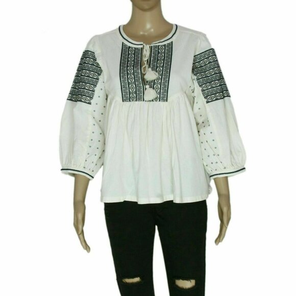 Lucky Brand Embroidered Peasant Top Tie Front Casual Blouse S - Picture 2 of 3
